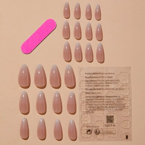 French gradient almond press-on nails with white grid pattern and glue stickers