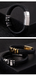 Détail du bracelet en cuir tressé pour homme avec fermoir magnétique en acier bicolore