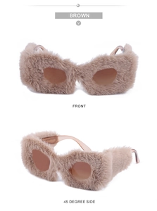 Detail view of brown fuzzy cat eye sunglasses showing front and 45-degree side angles