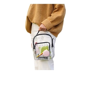 Transparent PVC backpack with black trim and dual zipper pockets for storage