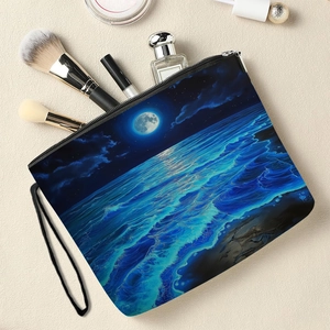Moon Ocean Printed Makeup Bag Imitation Linen Cosmetic Pouch With Zipper And Wristlet Strap Travel Toiletry Organizer