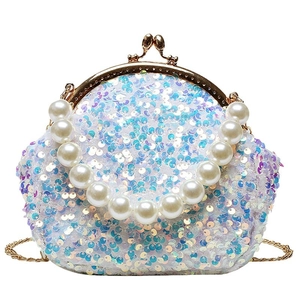 Sparkling white sequin mini shell bag with pearl handle and golden metal kiss lock clasp
