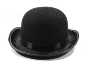 Detailed view of black felt bowler hat with a satin ribbon trim and curved brim