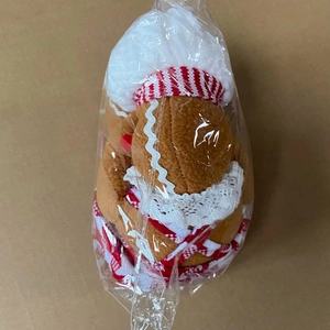 Close-up of gingerbread man plush doll with red white stripes in clear gift packaging