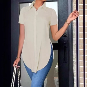 Minimalist beige summer short sleeve polo shirt with curved high-low hem for women