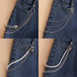 Multi-layer heart pants chain and metal waist belt with skull and pearl charms for jeans