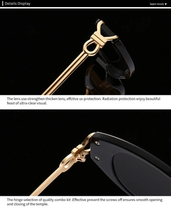 Detailed view of punk oval sunglasses with gold metal hinges and UV protective lenses