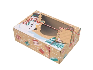 Close-up of kraft paper Christmas cookie box with PVC window and festive snowman print