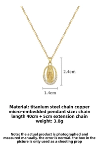 Macro detail of gold oval Virgin Mary pendant with white zircon and titanium steel chain