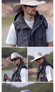 Detail of beige outdoor sun hat and multi-pocket tactical vest for hiking and fishing