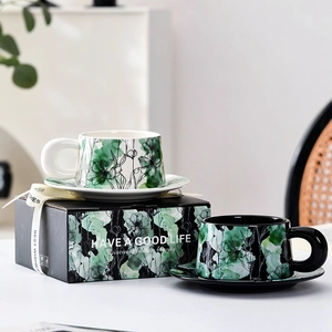 Ceramic Coffee Cup And Saucer Floral Pattern Underglaze Porcelain Afternoon Tea Coffeeware With Ribbon Gift Box