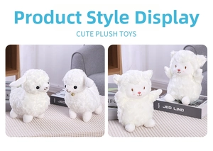 Close-up of white plush sheep toy with cute embroidery details and fluffy lamb wool texture