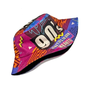 Close-up of retro 90s digital print on durable canvas fabric for reversible bucket hat
