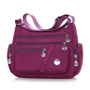 Borsa a tracolla leggera in nylon viola da donna con tasche multiple e grande capienza
