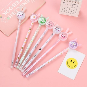 Pink creative gel pen set with floating glitter and cartoon animals for stationery