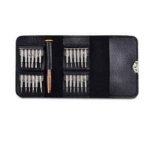 Professional 25-in-1 precision screwdriver set with anti-slip handle and black leather case
