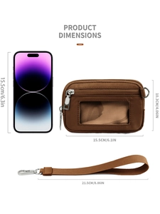 Dimensiones del bolso de muñeca de nailon marrón comparadas con un smartphone