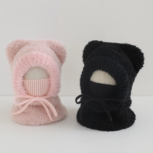Winter plush bear ear hooded scarf for children in pink and black fleece knit styles