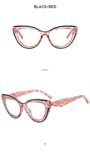 Front and side views of cat-eye glasses frames with black and red checkered texture
