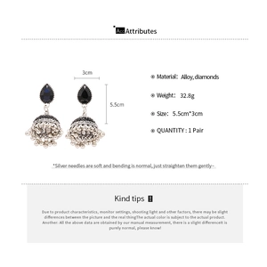Detailed size chart showing 5.5cm vintage bohemian teardrop earrings with black rhinestones