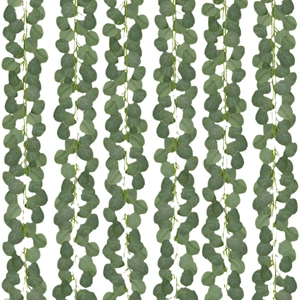 Vertical rows of green artificial eucalyptus leaf garlands for wedding table decor