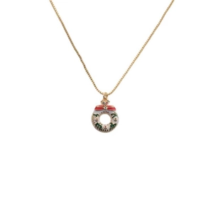 Christmas Wreath Pendant Necklace Copper Enamel Red Bow Bell Zircon Korean Fashion Holiday Jewelry For Women