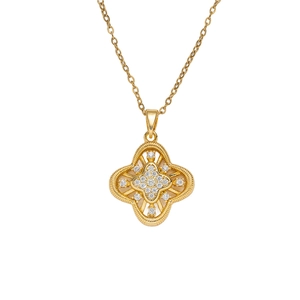Collana in acciaio inossidabile placcato oro 18k con ciondolo a quadrifoglio e zirconi