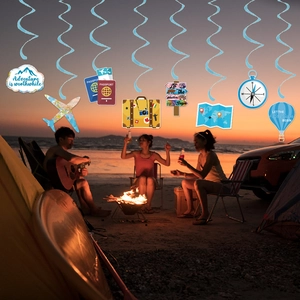 Travel adventure party hanging decorations featuring world map, luggage, and compass motifs