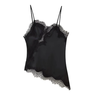 Women's black satin camisole top with delicate lace trim and adjustable thin straps