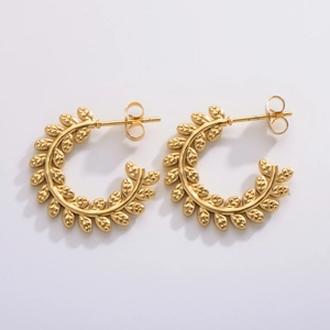 Elegant gold leaf pattern geometric hoop earrings for women in a classic C-shaped design