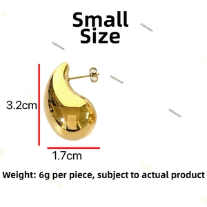 Polished gold teardrop earring detail showing dimensions of 3.2cm height and 1.7cm width
