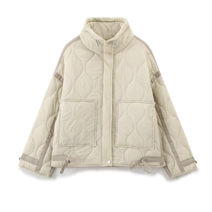 Women Quilted Puffer Jacket Polyester Stand Collar Wave Quilted Coat With Large Pockets Drawstring Hem Casual Outerwear