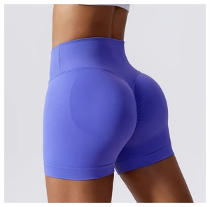 Detailansicht der nahtlosen blauen Yoga-Shorts mit hohem Bund und Push-up Effekt am Gesäß