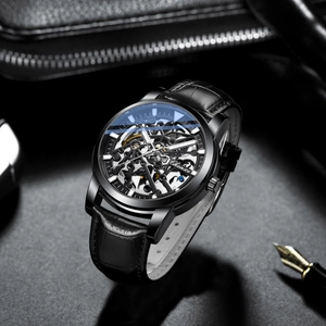Business luxury hollow automatic mechanical men's watch with black leather strap