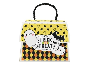 Detail of Halloween candy gift bag with ghost pattern and Trick or Treat typography