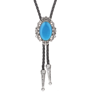 Detail of silver crown bolo tie with blue oval stone and woven black leather cords