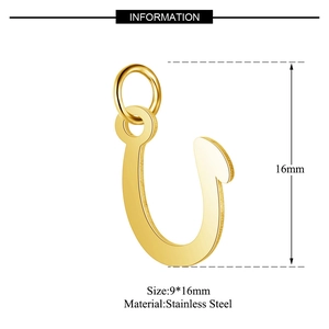 Detail view of 9x16mm gold stainless steel letter pendant with product dimensions