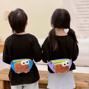 Cartoon bus children's nylon crossbody bag with 3D eyes for outdoor sports and travel
