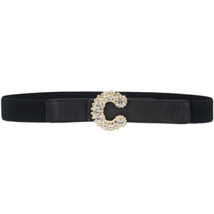Elegant black elastic waist belt with sparkling rhinestone C-shaped buckle for dresses