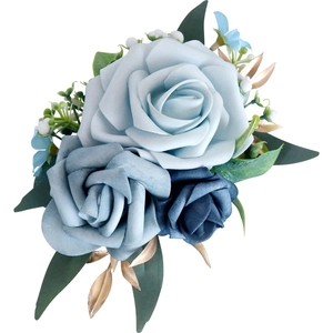Elegant artificial blue rose wrist corsage with gold leaves for bridal wedding parties