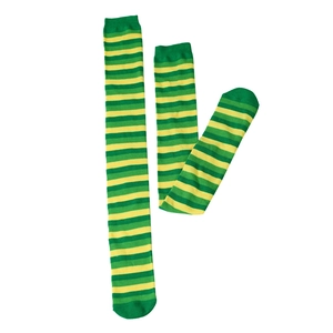 Detailed texture of green and yellow striped over-the-knee knit socks for St. Patrick's Day