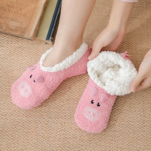 Pink coral fleece pig-style house socks with thick warm faux lamb wool lining