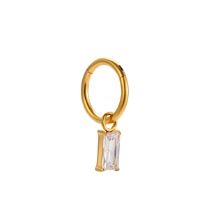 G23 titanium gold hoop earring with a rectangular clear zircon pendant on white background