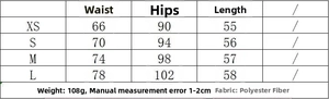 Detailed size chart for lace mini skirt showing waist, hip, and length measurements