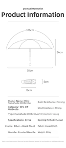 Detailed size chart for the ultra-light 5-fold capsule umbrella showing dimensions