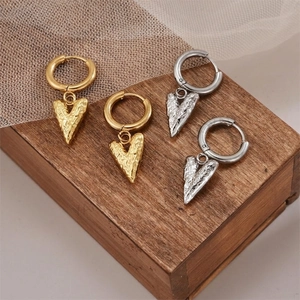 Stainless Steel Heart Earrings Hammered Texture Vintage Lava Style Pendant Hoops Minimalist Jewelry For Women