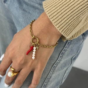 Ensemble bracelet en acier doré 18k avec piment rouge, étoile et bague en perle