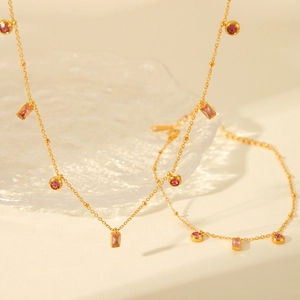 Geometric Pink Zircon Pendant Necklace And Bracelet Jewelry Stainless Steel 18K Gold Plated Clavicle Chain For Women