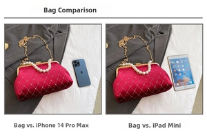 Size comparison of the red velvet shell bag with an iPhone and iPad showing dimensions