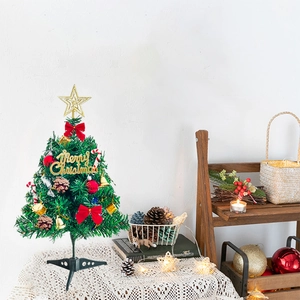 50cm mini artificial Christmas tree with gold star, red bows and warm LED desktop lighting